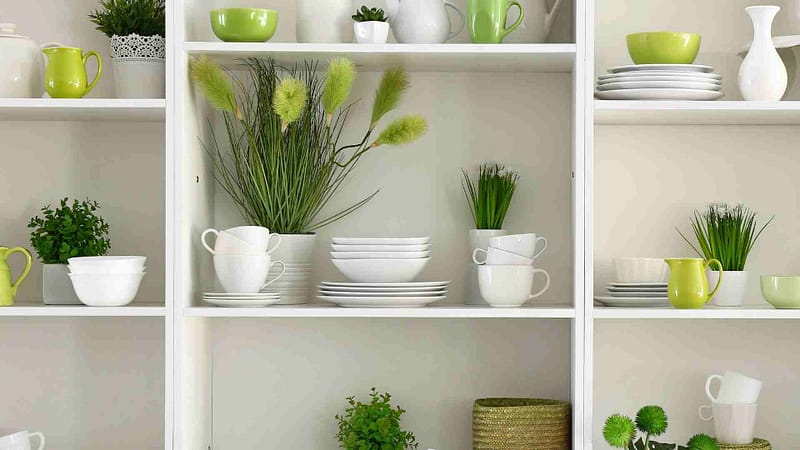 Dishes being displayed on kitchen shelves example 2