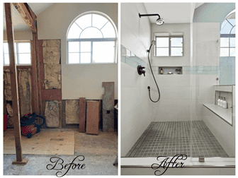 Bathroom remodeling company before and after photo of a completed project.